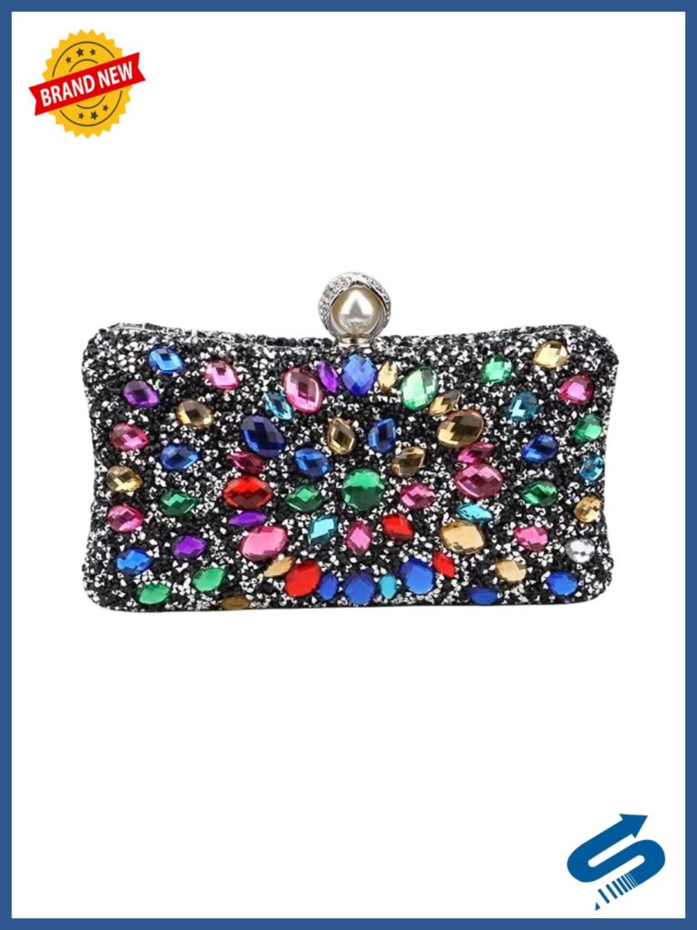 Crystal Box Clutch Evening Bag with Push Lock and Chain Strap